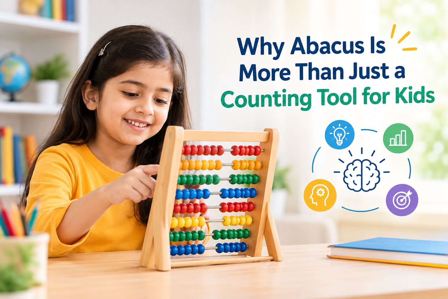 Child using a colorful abacus to develop counting, focus, problem-solving, and mental math skills.